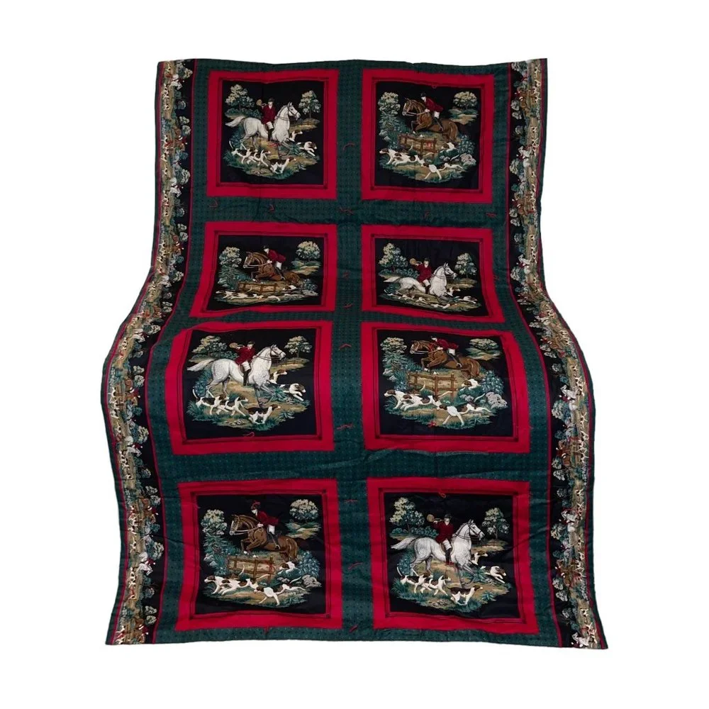 Handmade Vintage 70's Equestrian Horse Rider Beagle Hunting Pocket Quilt 70 X 43